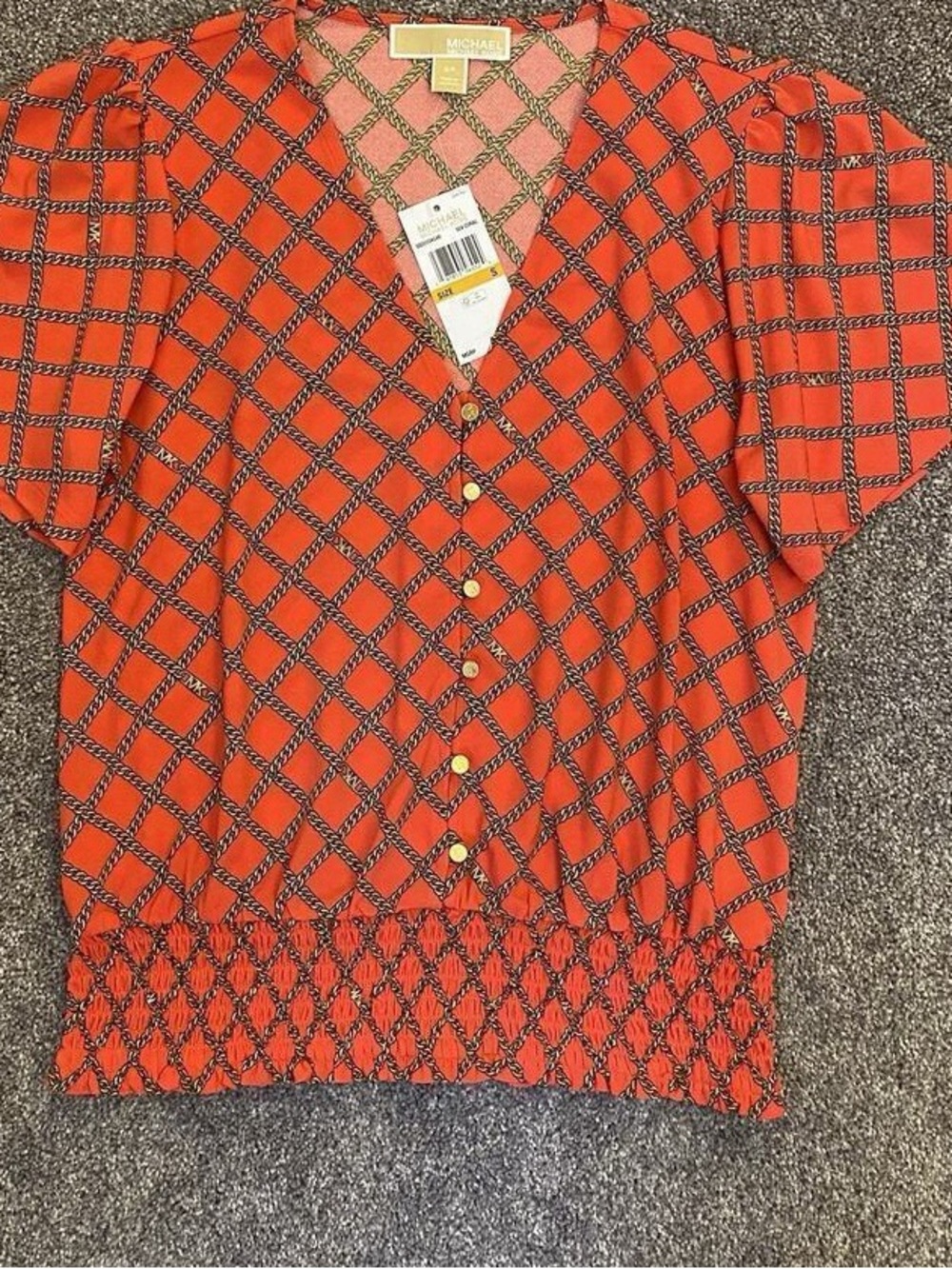 Michael Kors Orange Chain-Pattern V-Neck Button Blouse